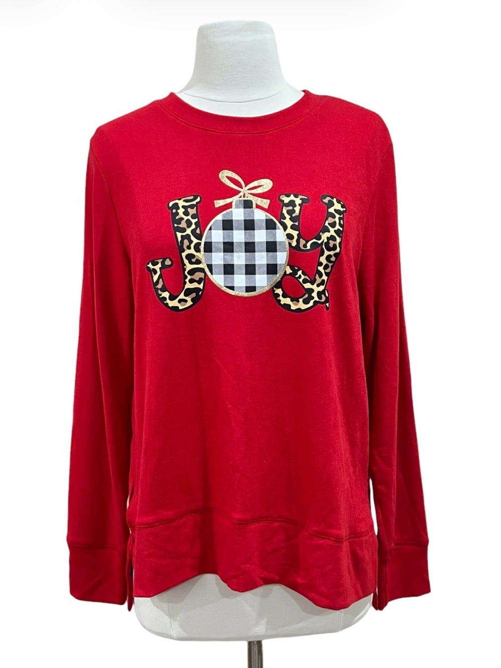 Holiday Time Red 'JOY' Holiday Sweatshirt Leopard & Buffalo Check Size Medium